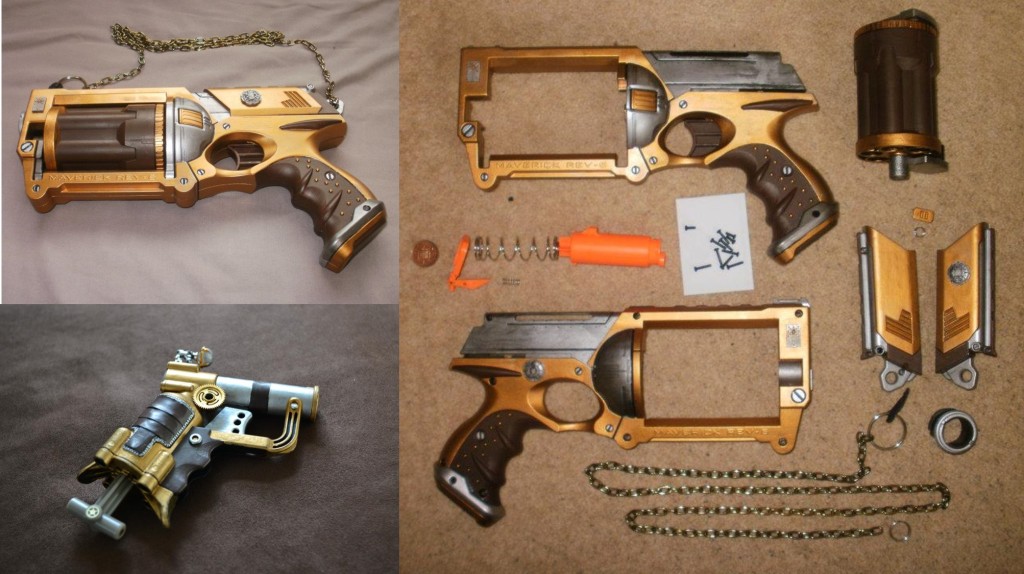 Top left: Nerf Maverick Bottom left: Nerf Jolt Right: Dismantled Maverick