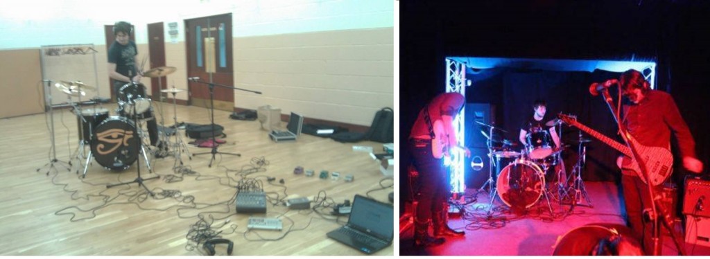Left: recording the drums for the Lakeview EP Right: live